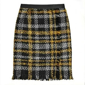 ERDEM x H&M Tartan Plaid Tweed Straight Skirt - Black Yellow Gray - Size 8